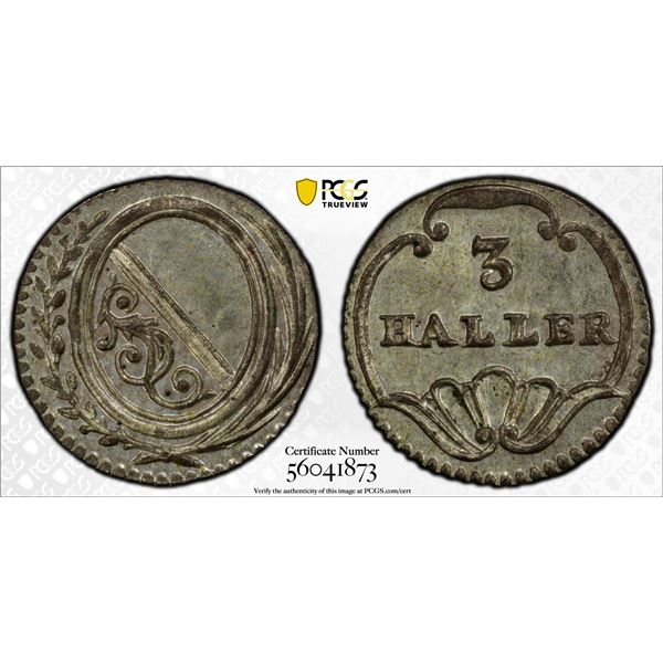 SWITZERLAND: ZÜRICH: Canton, BI 3 haller, ND (1827-41), PCGS MS65