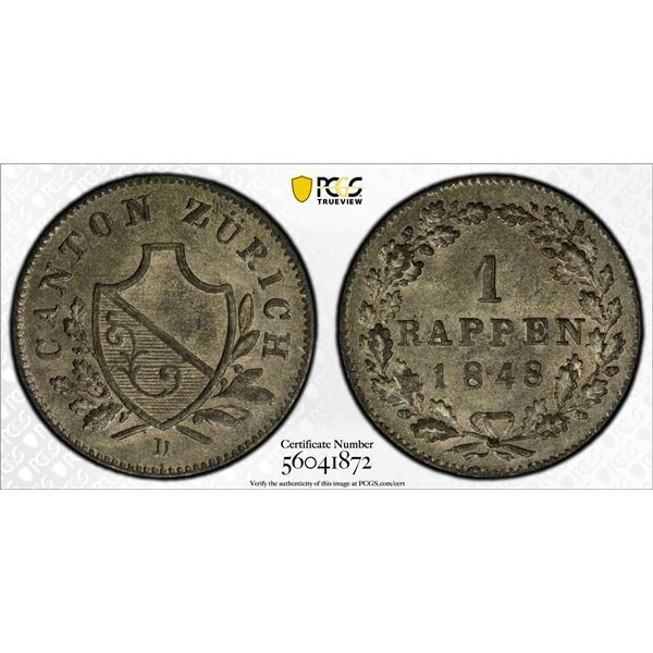 SWITZERLAND: ZÜRICH: Canton, BI rappen, 1848, PCGS MS65