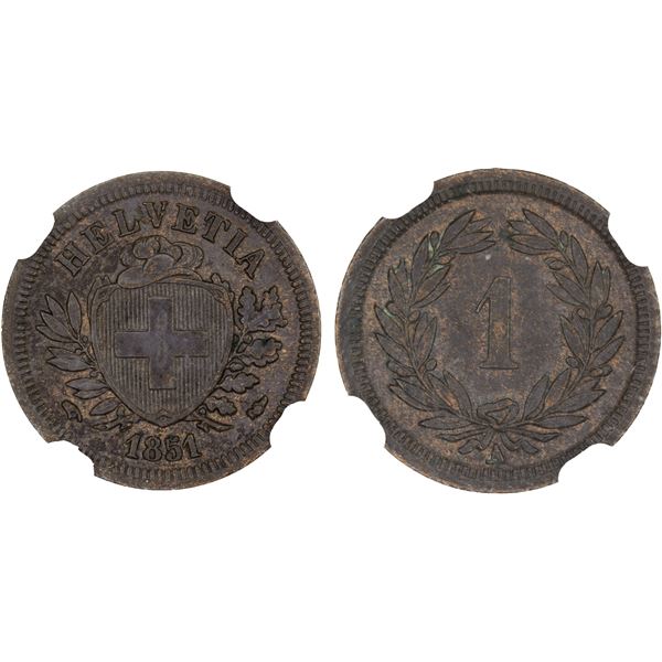 SWITZERLAND: AE rappen, 1851-A, NGC MS61