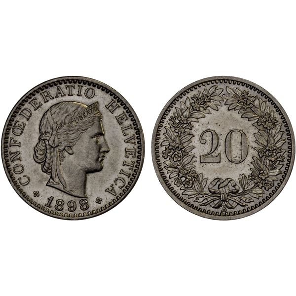 SWITZERLAND: Confederation, 20 rappen, Bern, 1898-B, Unc