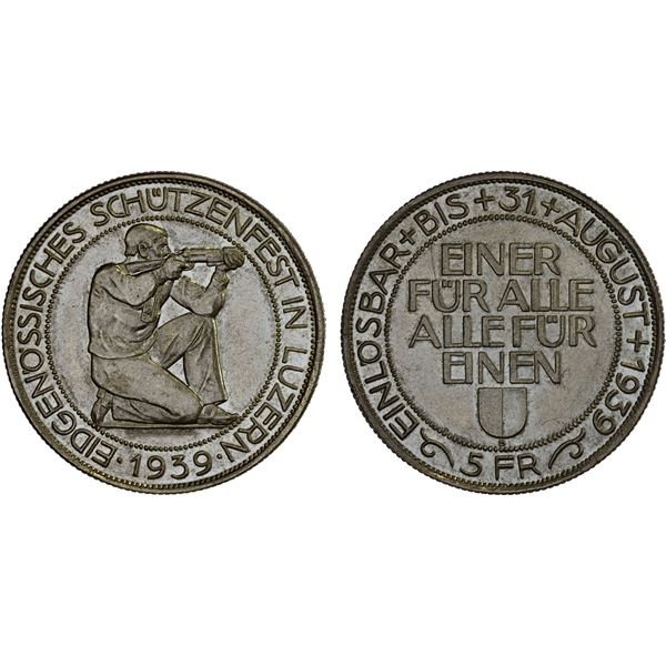 SWITZERLAND: Condeferation, AR 5 francs, 1939-B, AU