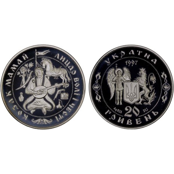 UKRAINE: Republic, AR 20 hryven, 1997, Proof