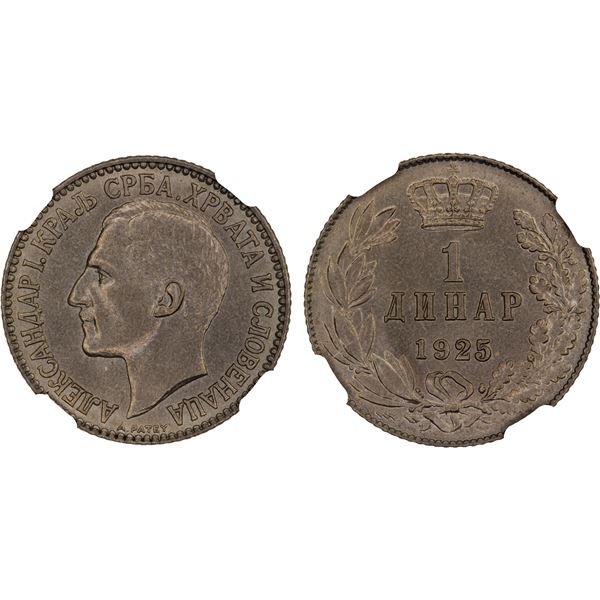YUGOSLAVIA: Alexander I, 1921-1934, dinar, Poissy, 1925(p), NGC MS64