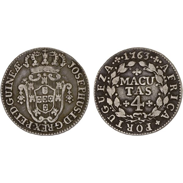 ANGOLA: Jose I, 1750-1777, AR 4 macutas, 1763, Fine