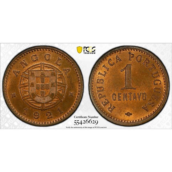 ANGOLA: Portuguese Colony, AE centavo, 1921, PCGS MS65 RB