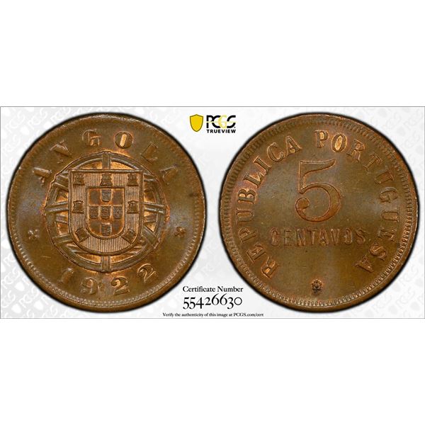 ANGOLA: Portuguese Colony, AE 5 centavos, 1922, PCGS MS64 BN