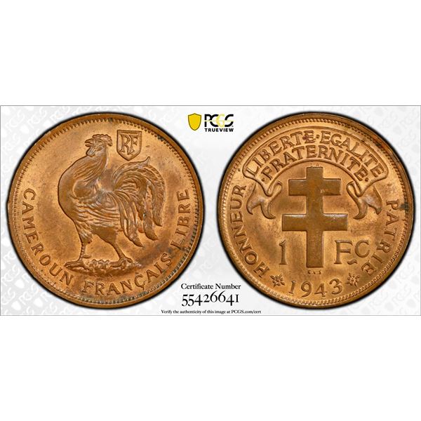 CAMEROUN: French Colony, AE franc, 1943, PCGS MS64 RB