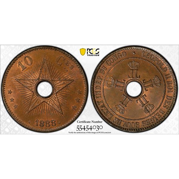 CONGO FREE STATE: Leopold II, 1885-1909, AE 10 centimes, 1888, PCGS MS65 BN