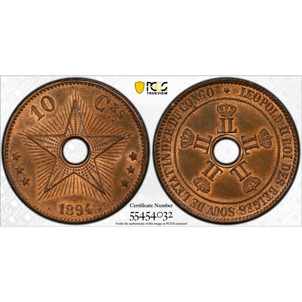 CONGO FREE STATE: Leopold II, 1885-1909, AE 10 centimes, 1894, PCGS MS64 RB