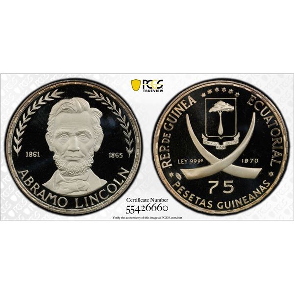 EQUATORIAL GUINEA: Republic, AR 75 pesetas guineanas, 1970, PCGS PF68 Deep Cameo