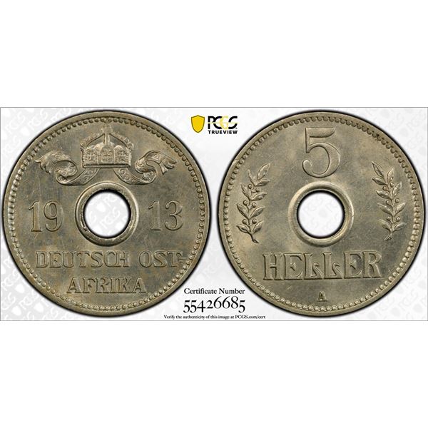 GERMAN EAST AFRICA: Wilhelm II, 1888-1918, 5 heller, 1913-A, PCGS MS63
