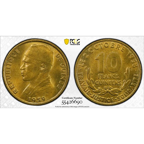 GUINEA: Republic, 10 francs guinéens, 1959, PCGS MS64