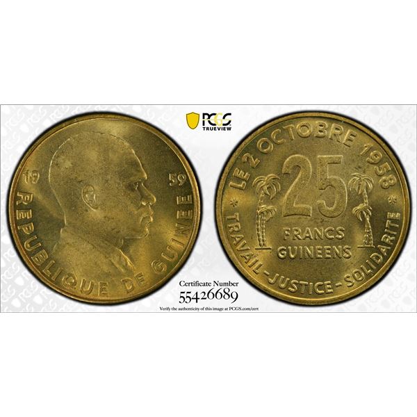 GUINEA: Republic, 25 francs guinéens, 1959, PCGS MS64