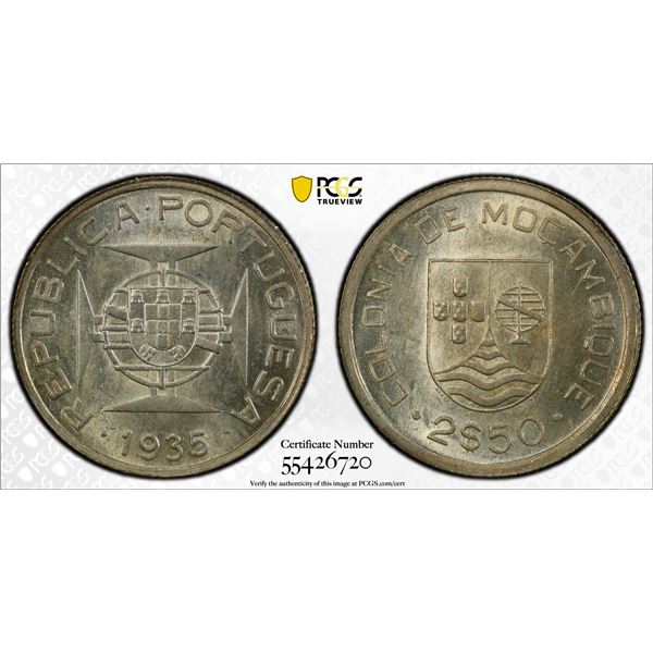 MOZAMBIQUE: Portuguese Colony, AR 2½ escudos, 1935, PCGS MS64