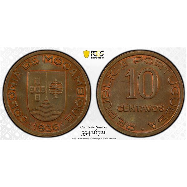 MOZAMBIQUE: Portuguese Colony, AE 10 centavos, 1936, PCGS MS65 BN