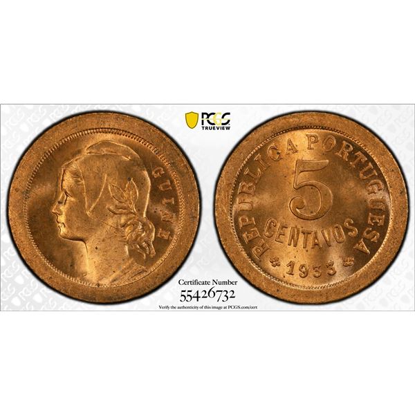 PORTUGUESE GUINEA: Portuguese Colony, AE 5 centavos, 1933, PCGS MS65 RD