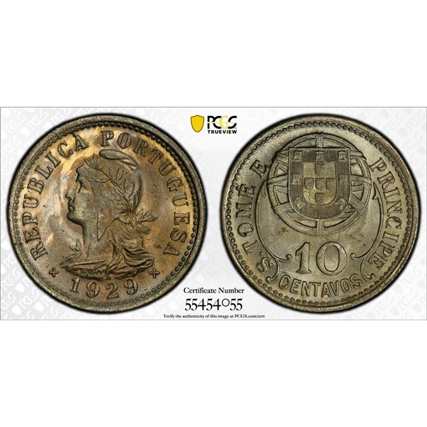 ST. THOMAS & PRINCE: Portuguese Colony, 10 centavos, 1929, PCGS MS65