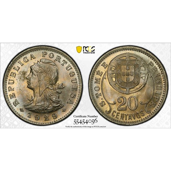 ST. THOMAS & PRINCE: Portuguese Colony, 20 centavos, 1929, PCGS MS64