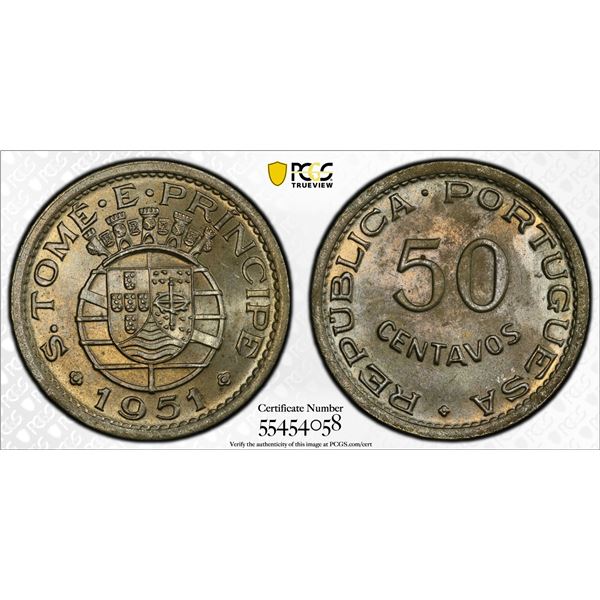 ST. THOMAS & PRINCE: Portuguese Colony, 50 centavos, 1951, PCGS MS64