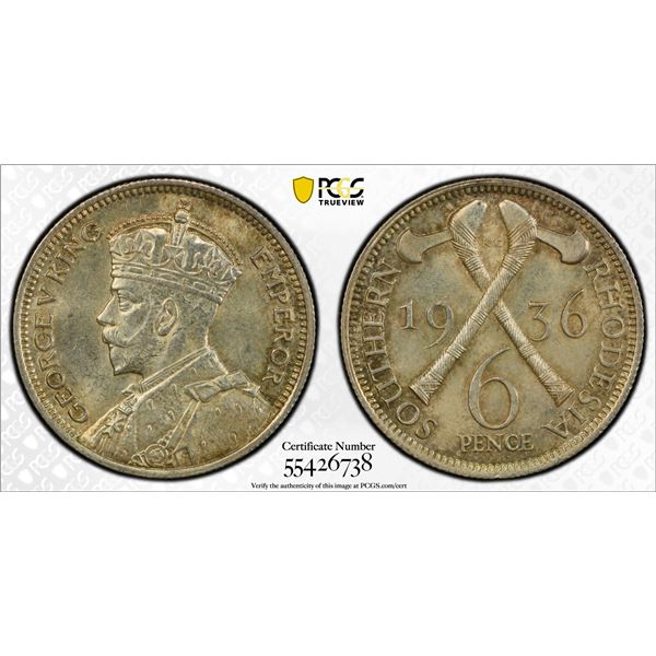 SOUTHERN RHODESIA: George V, 1910-1936, AR 6 pence, 1936, PCGS MS63