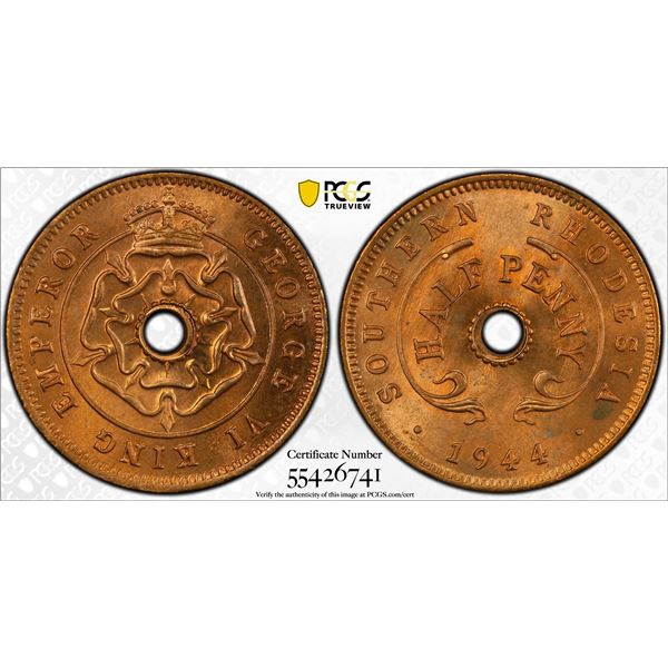 SOUTHERN RHODESIA: George VI, 1936-1952, AE 1/2 penny, 1944, PCGS MS66 RD