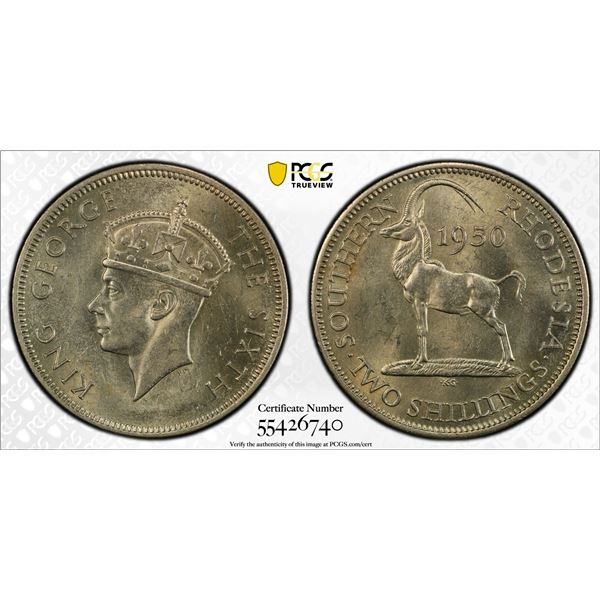 SOUTHERN RHODESIA: George VI, 1936-1952, 2 shillings, 1950, PCGS MS63
