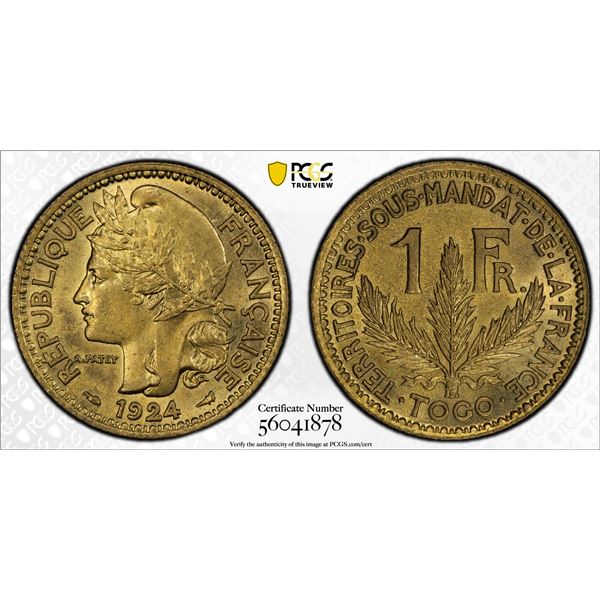TOGO: French Colony, 1 franc, 1924, PCGS MS64