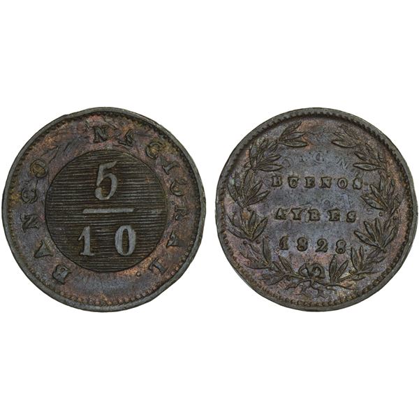 ARGENTINA: Buenos Aires, Province, AE 5/10 real, 1828, Choice XF
