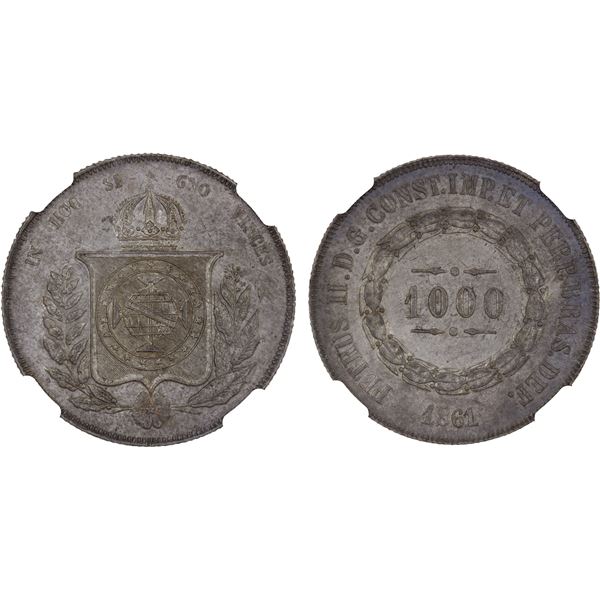 BRAZIL: Peter II, 1831-1889, AR 1000 reis, 1861, NGC MS62