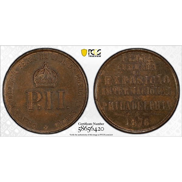 BRAZIL: Pedro II, 1831-1889, AE medal (10.04g), 1876, PCGS MS63 BN