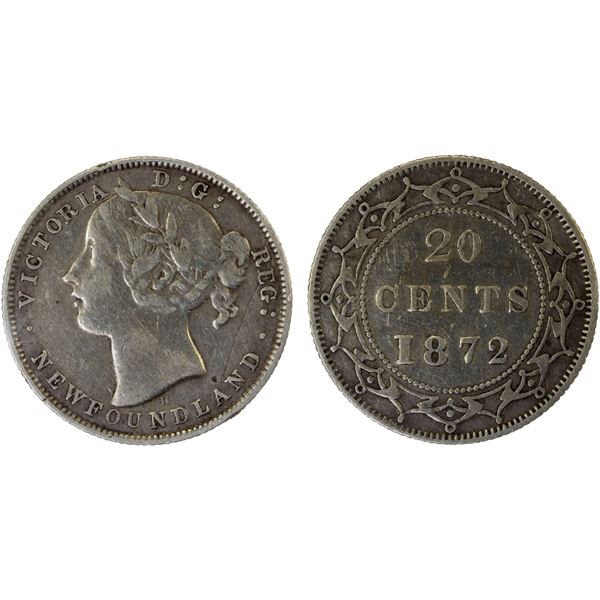 CANADA: NEWFOUNDLAND: Victoria, 1837-1901, AR 20 cents, 1872-H, VF30