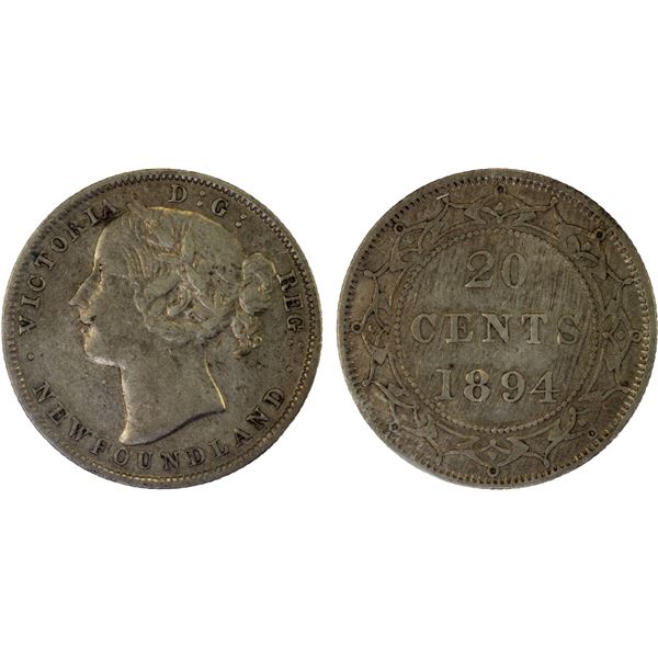 CANADA: NEWFOUNDLAND: Victoria, 1837-1901, AR 20 cents, 1894, VF30
