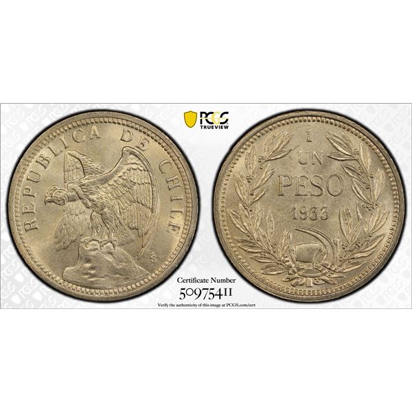 CHILE: Republic, 1 peso, 1933-So, PCGS MS66