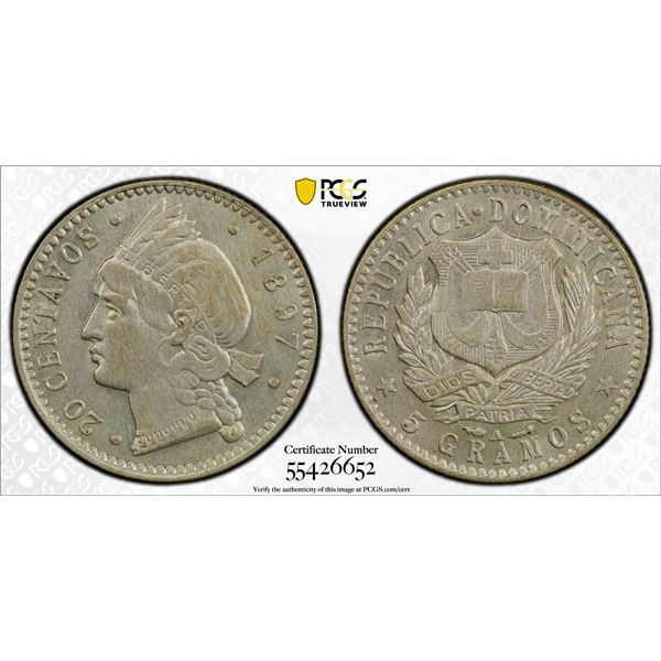 DOMINICAN REPUBLIC: BI 20 centavos, 1897-A, PCGS AU55