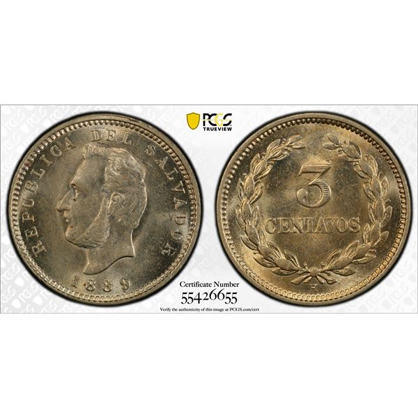 EL SALVADOR: Republic, 3 centavos, 1889-H, PCGS MS63