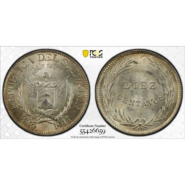 EL SALVADOR: Republic, AR 10 centavos, 1911, PCGS MS64