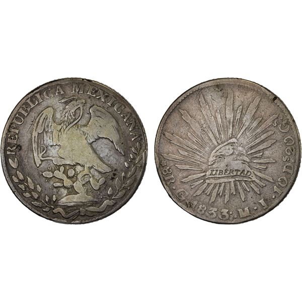 MEXICO: Republic, AR 8 reales (25.88g), 1833-Go, VG-F