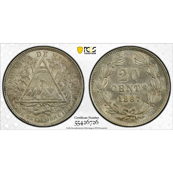 NICARAGUA: Republic, AR 20 centavos, 1887-H, PCGS MS63