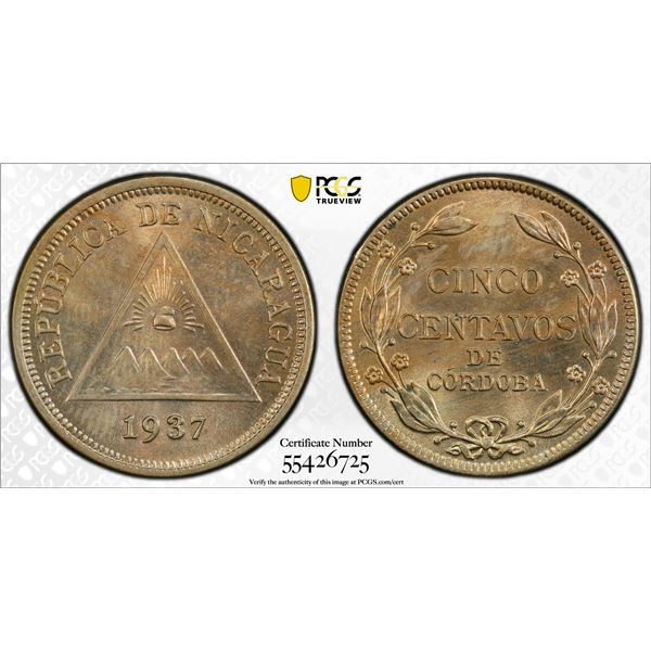 NICARAGUA: Republic, 5 centavos, 1937, PCGS MS64