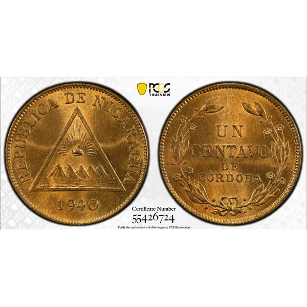NICARAGUA: Republic, AE centavo, 1940, PCGS MS65 RD