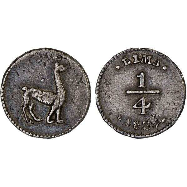 PERU: Republic, AR 1/4 real, Lima, 1839, VF