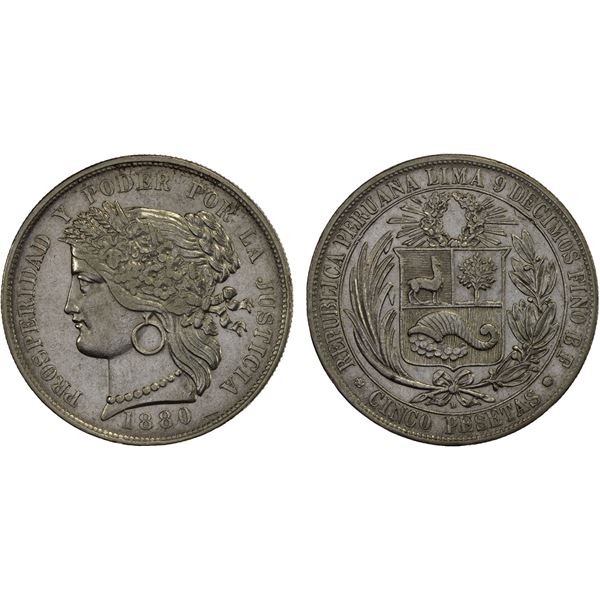PERU: Republic, AR 5 pesetas, 1880, XF