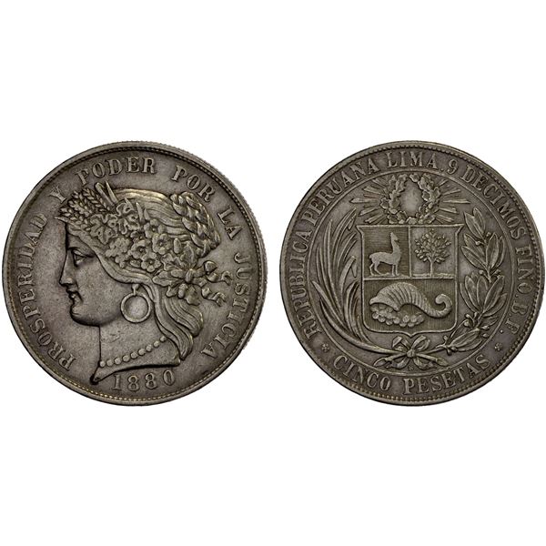 PERU: Republic, AR 5 pesetas, 1880, XF