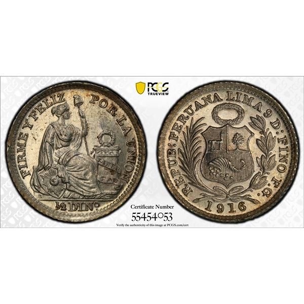 PERU: Republic, AR 1/2 dinero, 1916/5, PCGS MS64