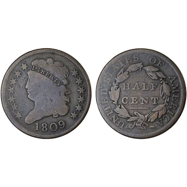 UNITED STATES: AE 1/2 cent, 1809, VG-F