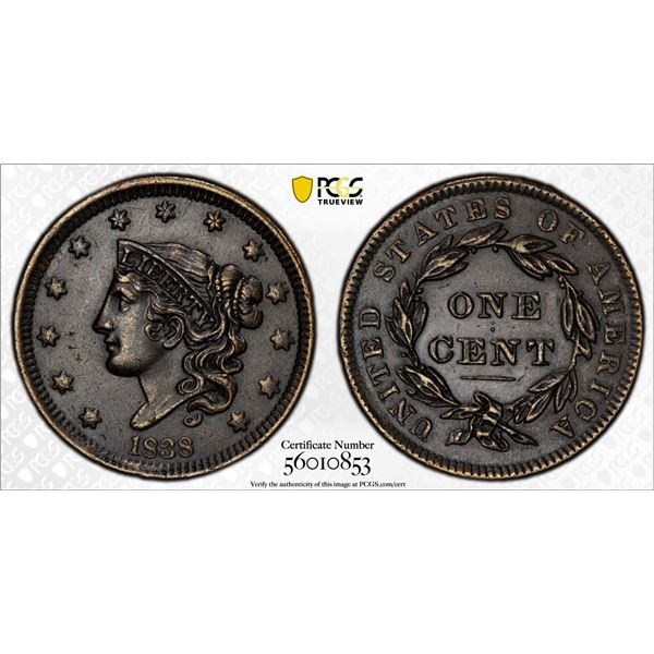 UNITED STATES: AE cent, 1838, PCGS AU details