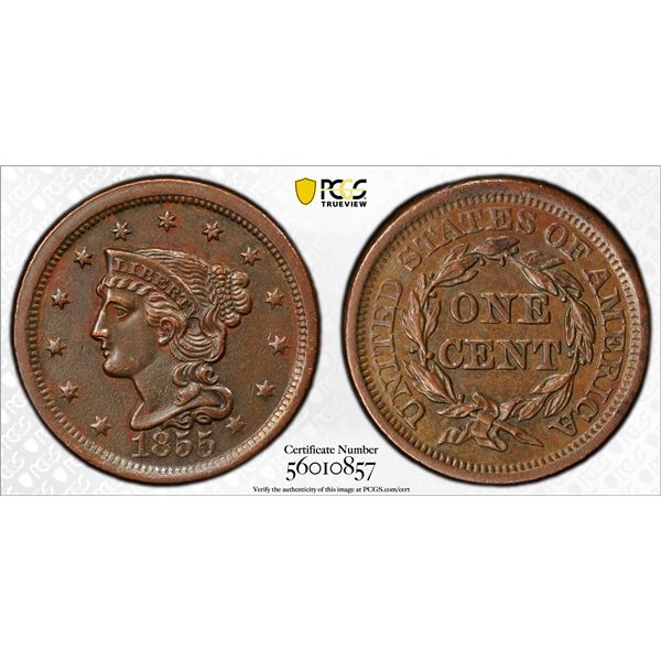 UNITED STATES: AE cent, 1855, PCGS AU details