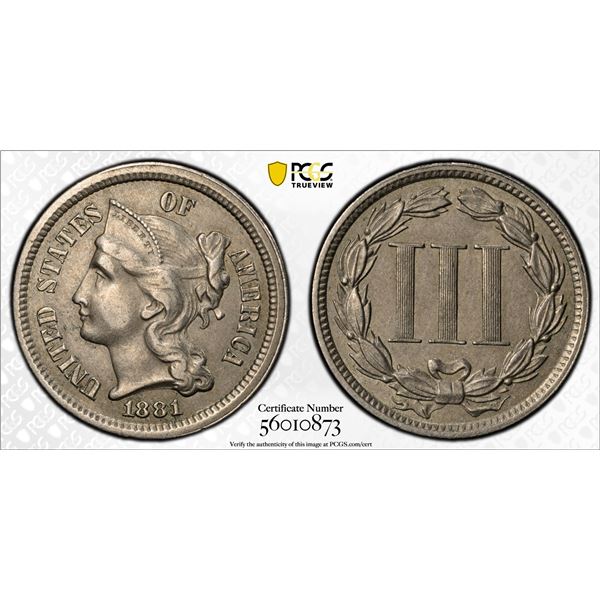 UNITED STATES: 3 cents, 1881, PCGS AU55