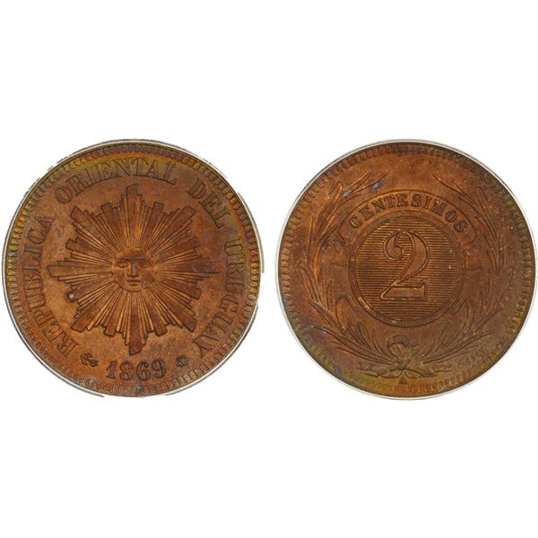 URUGUAY: Republic, AE 2 centesimos, 1869-A, ICG graded MS63 RB