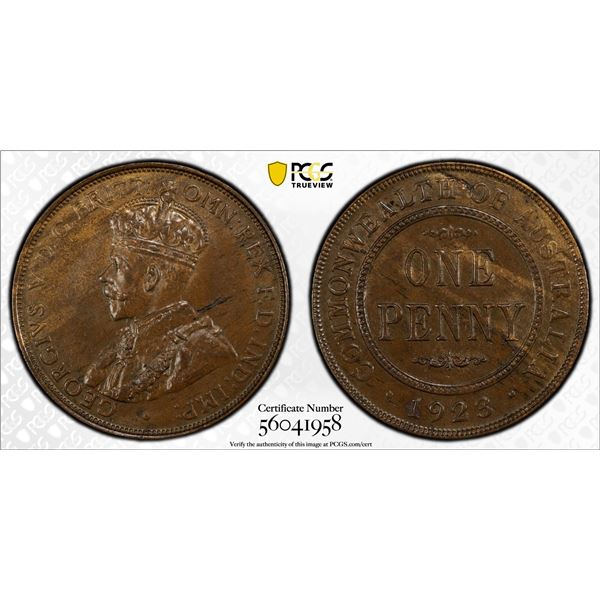 AUSTRALIA: George V, 1910-1936, AE penny, 1923, PCGS MS63 BN